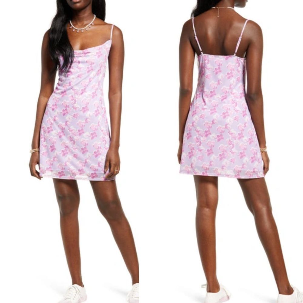 BP Nordstrom Womens Cowl Neck Mesh Mini Dress Size M In Purple Pink Photo Floral